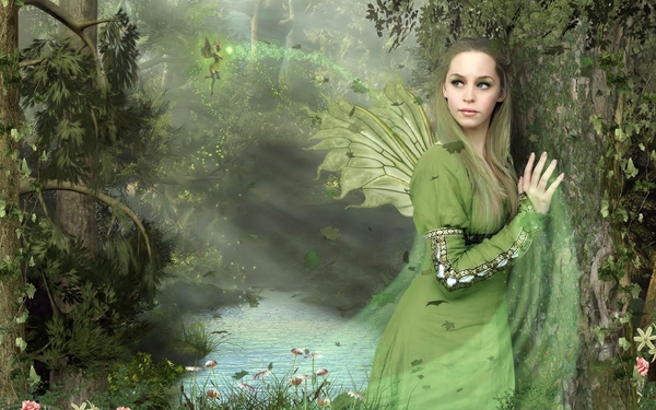 Fantasy-picture-with-a-fairy-in-the-forest-dressed-in-green
