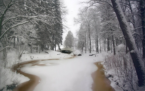 winter-landschap-met-een-riviertje-en-bomen-langs-de-kant-van-het