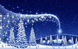 blauwe-kerst-wallpaper-met-kerstbomen-en-een-dorp