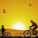 oranje-achtergrond-met-fietsers-en-een-ondergaande-zon