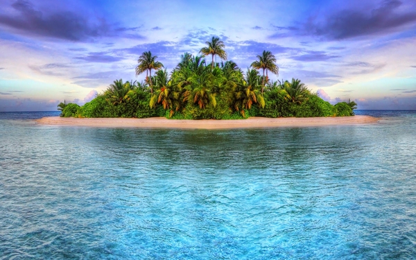 landschaft-mit-insel-im-meer-und-strand-baume-palmen-blauen-himme