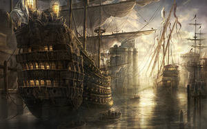 fantasy-wallpaper-with-big-ships-in-the-harbor