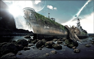 Surreal-wallpaper-with-octopus-and-a-big-ship