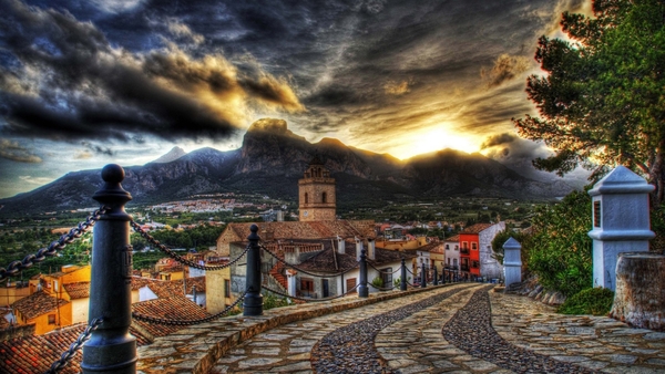 architecture_streets_mountains_old_sky_sunset_road_clouds_houses_