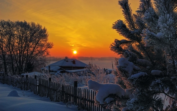 snow-house-in-field-sunset-wallpaper