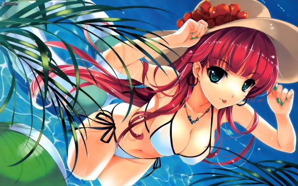 anime-madchen,-weisser-bikini,-rote-haare,-hut-237030