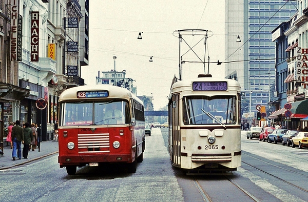 Antwerpen Een bus van de NMVB en een MIVA tram door de Gemeentest