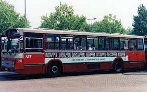 212 van lijn 52 in Schiedam, mei1988, reclamebus Uitzendburo Lubo