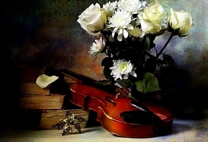 stilleven-bloemen-muziekinstrument-snijbloemen-achtergrond