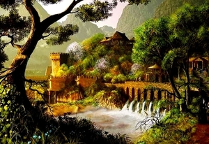 natuur-fantasie-schilderen-rivier-achtergrond